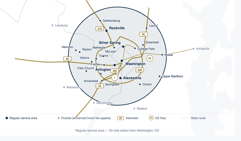 Map of Dot Notary's regular service area — a 20 mile radius around Washington, DC, covering DC, Maryland and Virginia
